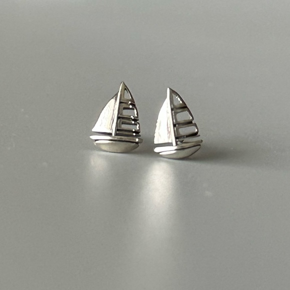 Sterling Silver Tiny Stud Sailboat Earrings - Picture 7 of 13
